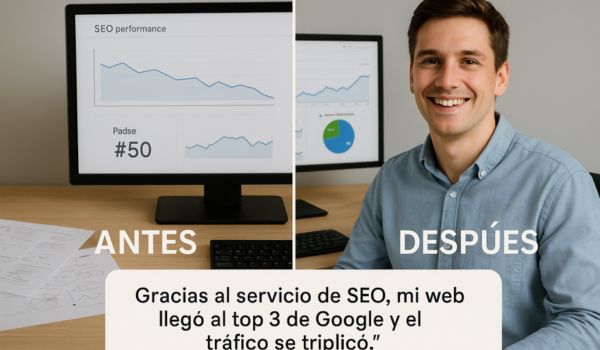 Satisfied client showing SEO results on screen with before and after charts