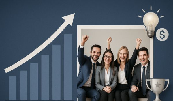 Team celebrating results and growth with progress charts